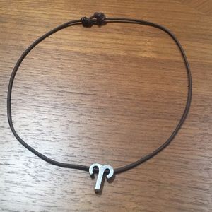 Vintage Aries Charm Necklace Brown Leather Cord
